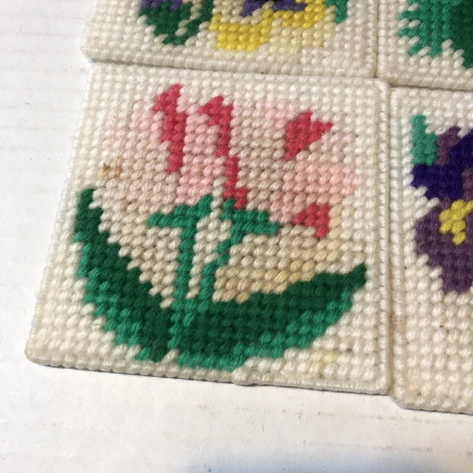 Handmade Coasters Plastic Canvas Needlepoint Stitching w/Box Flowers KGR - Image 3 of 4