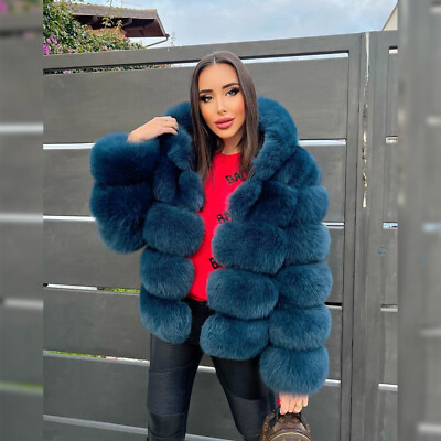 New Natural Real Fox Fur Coat Winter Warm Short Hood Overcoat