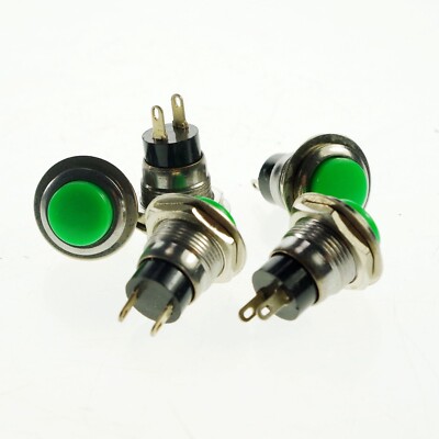 (5)Green Hole 12mm 2 Pin SPST OFF-(ON) 3A 125VAC NO   Push Button Switch #T6