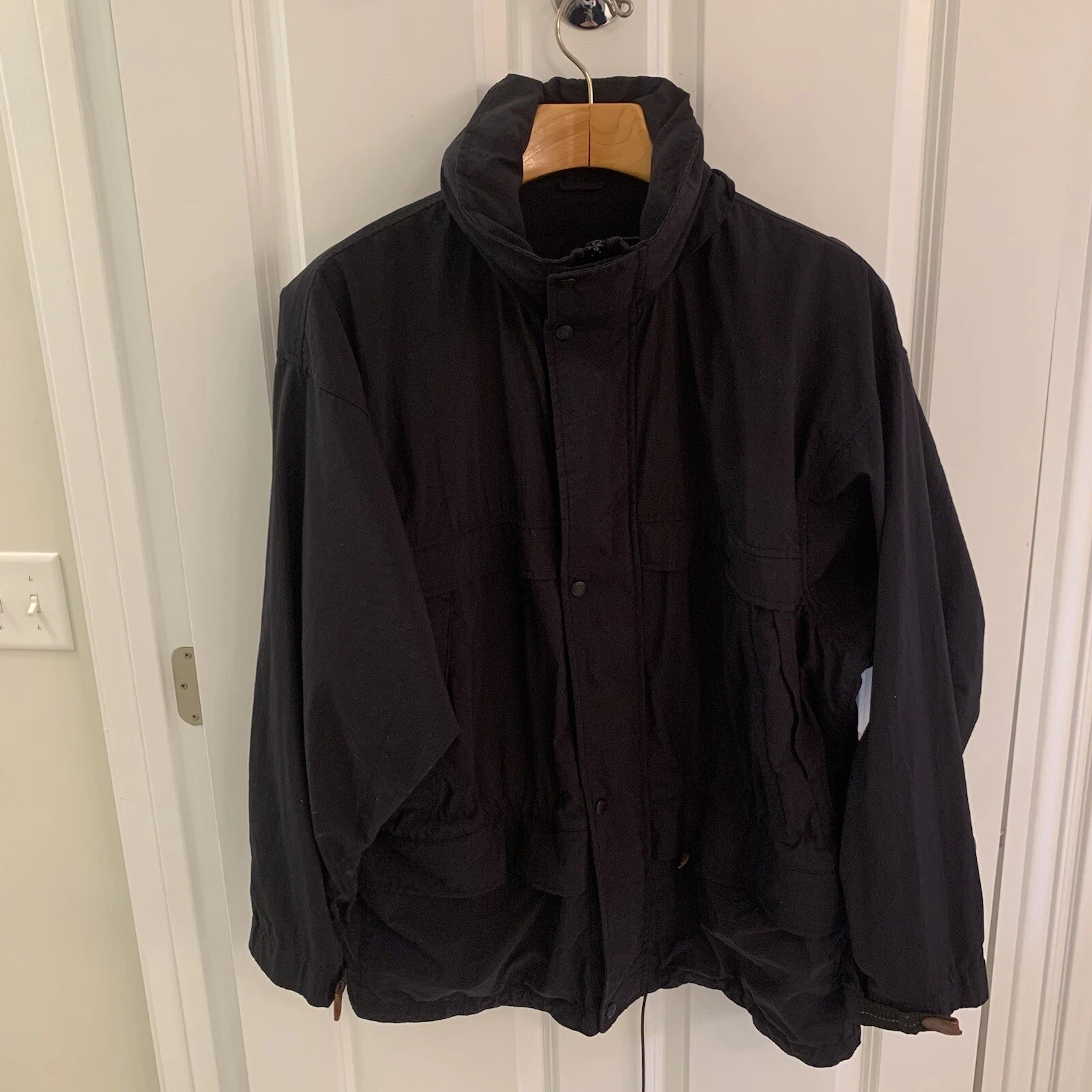Timberland Men Large L Weather Gear Windbreaker Jacket Black Nylon Zip Hooded