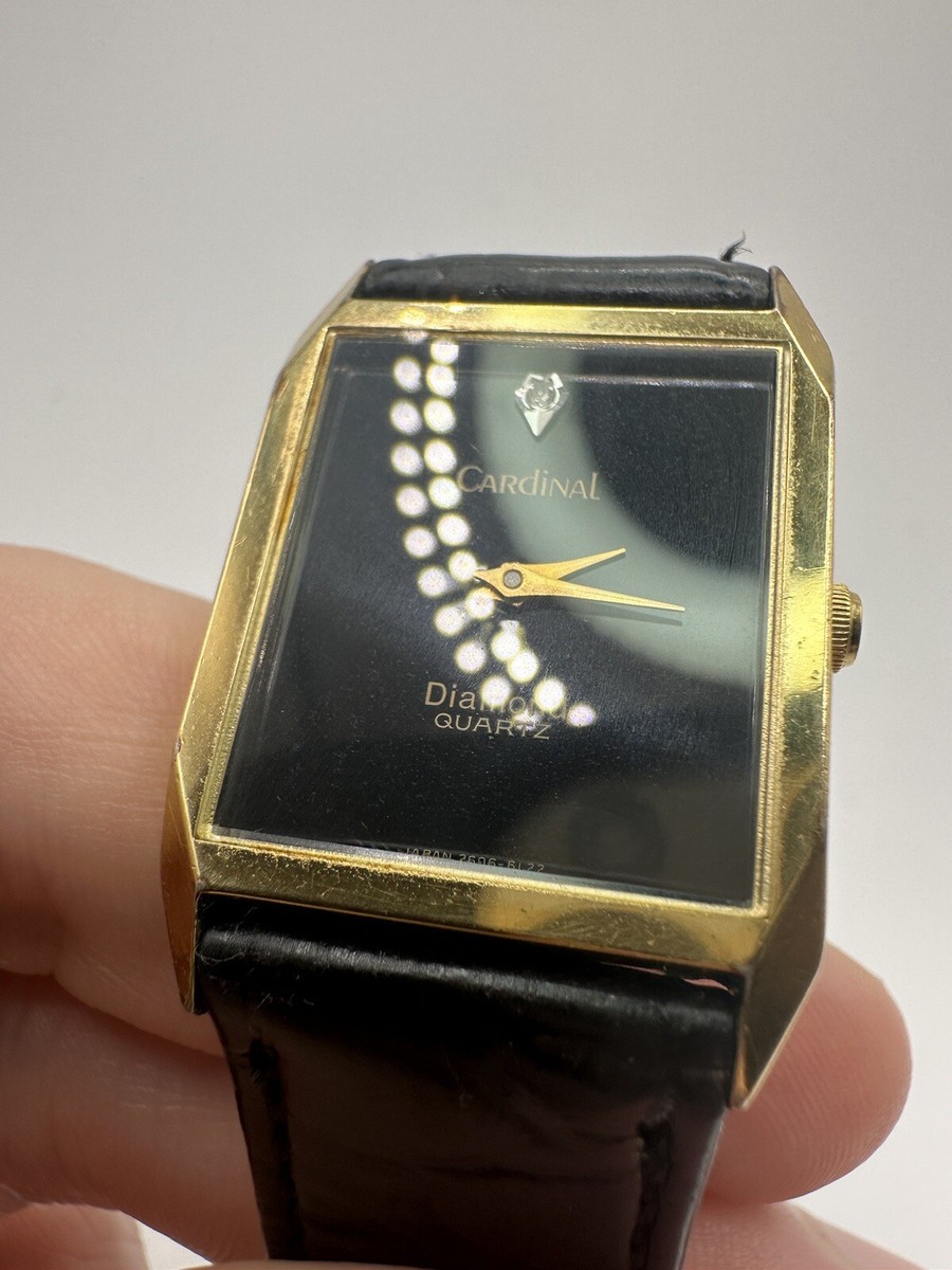 Cardinal Vintage Gold Tone Tank Watch Leather Band Black Dress Men