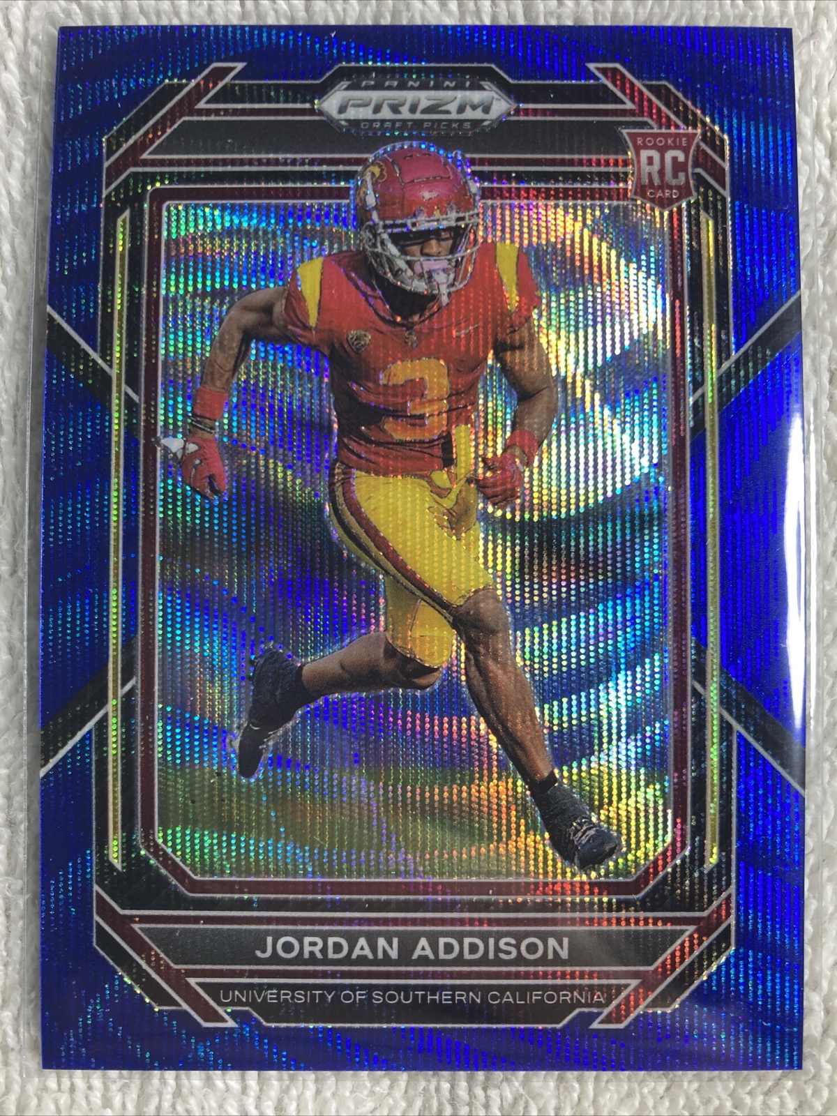 2023 Prizm Draft Picks Base Blue Wave #136 Jordan Addison /249 Vikings NFL RC