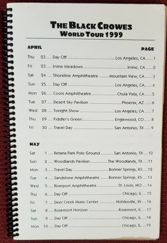 THE BLACK CROWES - ORIGINAL "WORLD TOUR 1999" BAND CREW ONLY TOUR ITINERARY - Picture 2 of 10