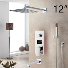 12  Chrome Bathroom Rainfall Shower Mixer Brass Faucet Wall Mounted 4 PCS Taps