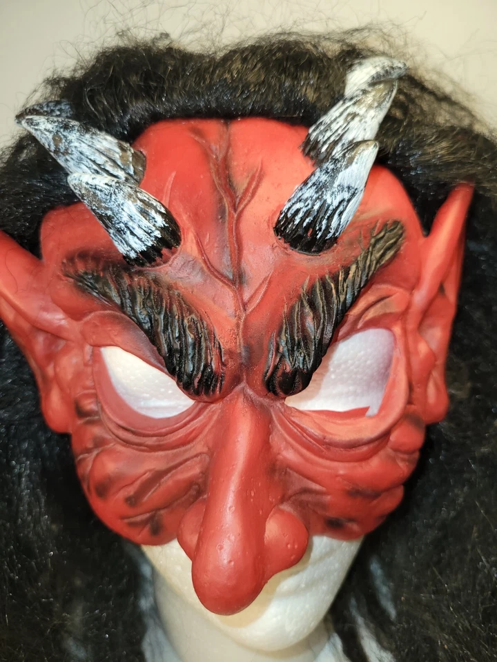 Halloween Red Horned Devil Black Hair 1/2 Face Mask - Image 3 of 4