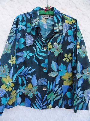 Chico's 2 Silk Jacket Misses L Blue Aqua Gold Embroidered Floral