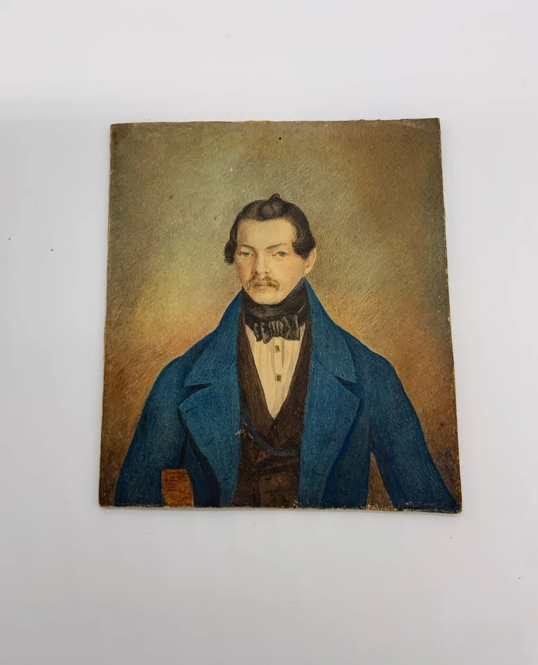 Antiguo retrato acuarela arte popular miniatura siglo XIX pintura joven firmado Foto 2 de 4