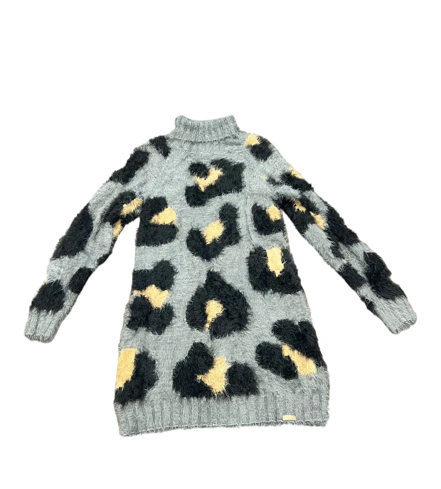 Vestido Suéter BOBOLI Niñas Lana Tejido Peludo Gris Cuello Alto Estampado Guepardo 14 Foto 3 de 4