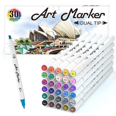 30 Colors Art Markers, Dual Tip Permanent Marker Pens Highlighters Perfect fo...