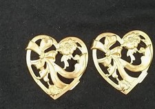 2 Gold Heart 2 1/8" Heavy Finding w/Bow Floral Stamped Brass Pierced Open Work