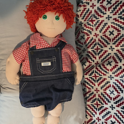 Catton Candy Rag & Cloth Boy Doll Red Curly Hair Green Eyes Denim Overalls