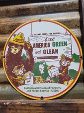 VINTAGE SMOKEY BEAR PORCELAIN SIGN OLD US FOREST SERVICE USDA AMERICA FIRE CAMP