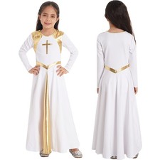 Kid Metallic Liturgical Praise Dance Dress Full Length Robe Church Worship Dress
