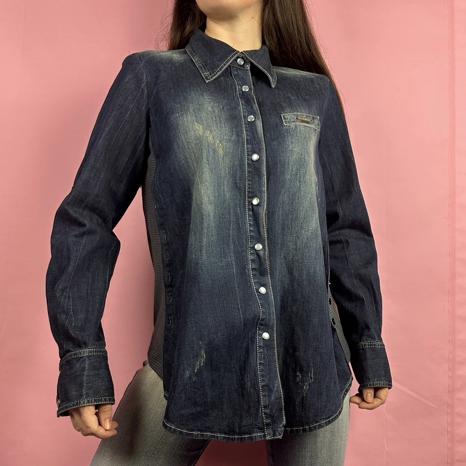 Mariagrazia Panizzi Euro Y2K Italy Distress dark Denim Shirt sz 42 medium - Image 2 of 4