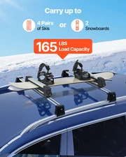 VEVOR 4 Ski 2 Snowboard Roof Rack w/ Lock - Universal Carrier for Most Cars