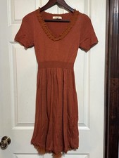 Isabella Sinclair Dress Womens XS Rust Orange Knit Ruffle Trim Short Sleeve Fall