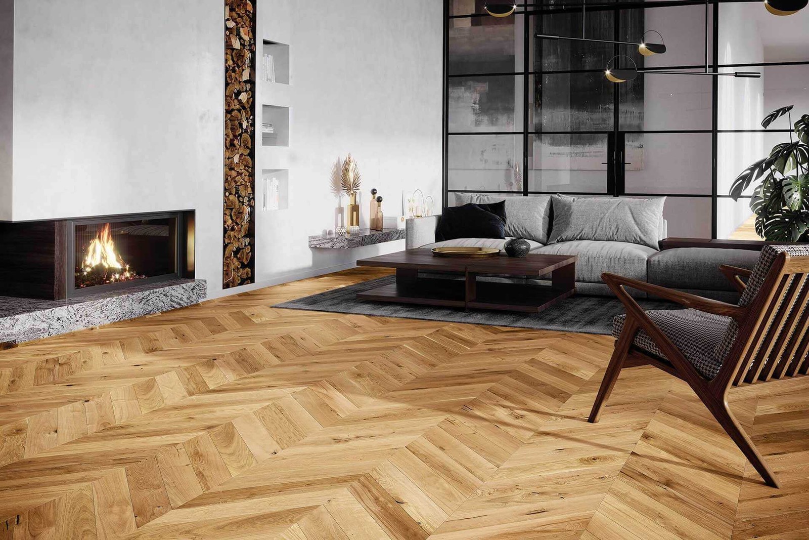 Parquet contrecollé flottant point de hongrie pour sol de salon bohème natur de 0.9m2
