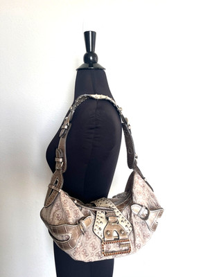 Vintage Guess monogram shoulder bag in beige with faux  crocodile leather effect
