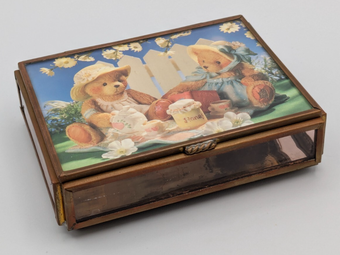 Cherished Teddies Brass Trinket Box with Glass Mirror 4x3x1