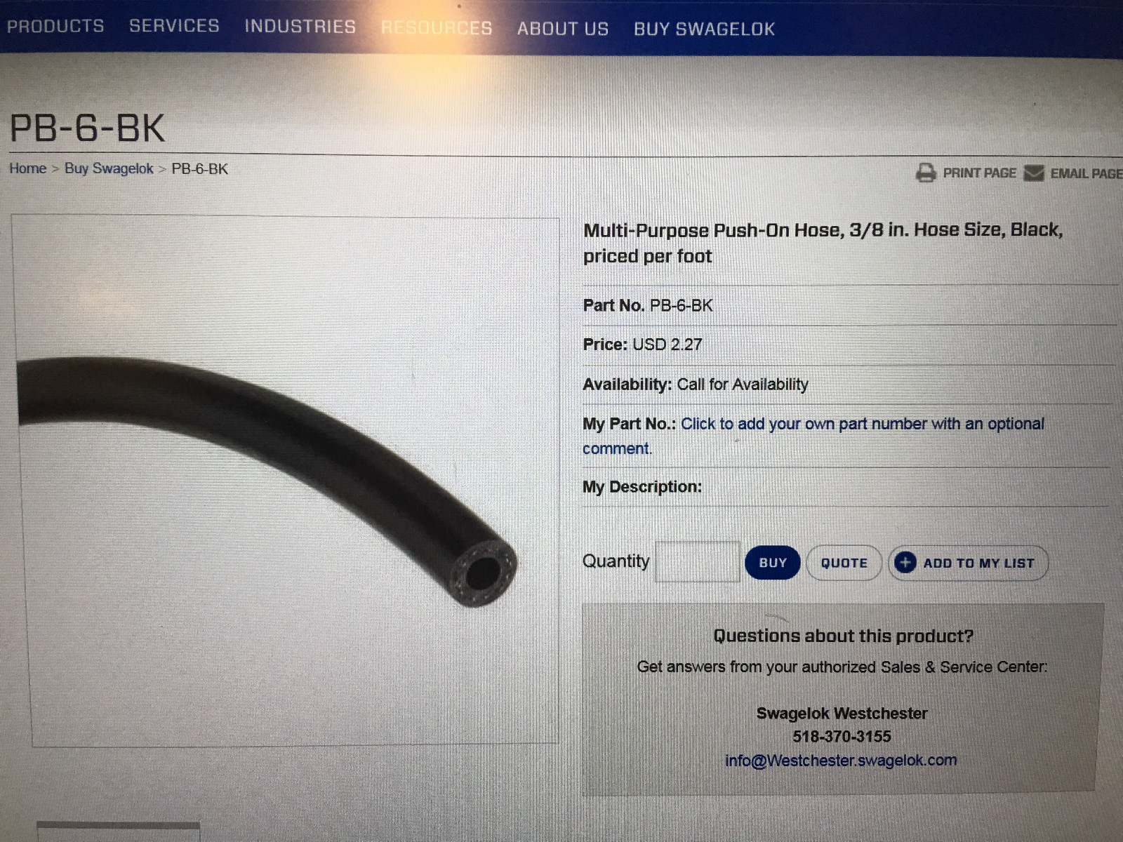 Swagelok Push On 3/8" Flame Resistant 300 PSIG Hose 78" long black eBay