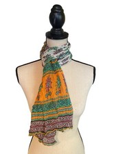 Womens Rectangle Scarf Multicolor Crinkle Cotton White Green Orange Floral Boho