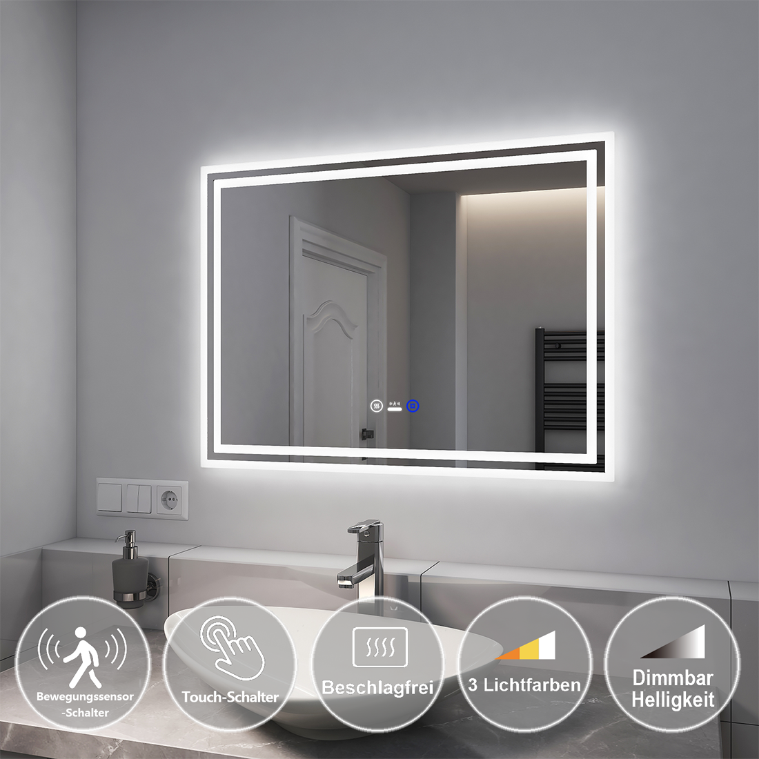 LED Badspiegel Mit 60x50 80x60 90x70 Beleuchtung Lichtspiegel Touch