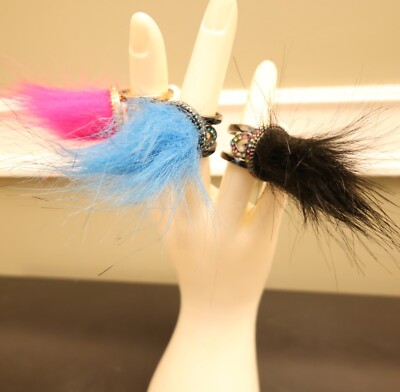Betsey Johnson jewelry set Trolls faux fur rings pink blue black