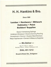 1986 H. H. Hankins & Bro. Lumber Advertisement Bridgeton, New Jersey