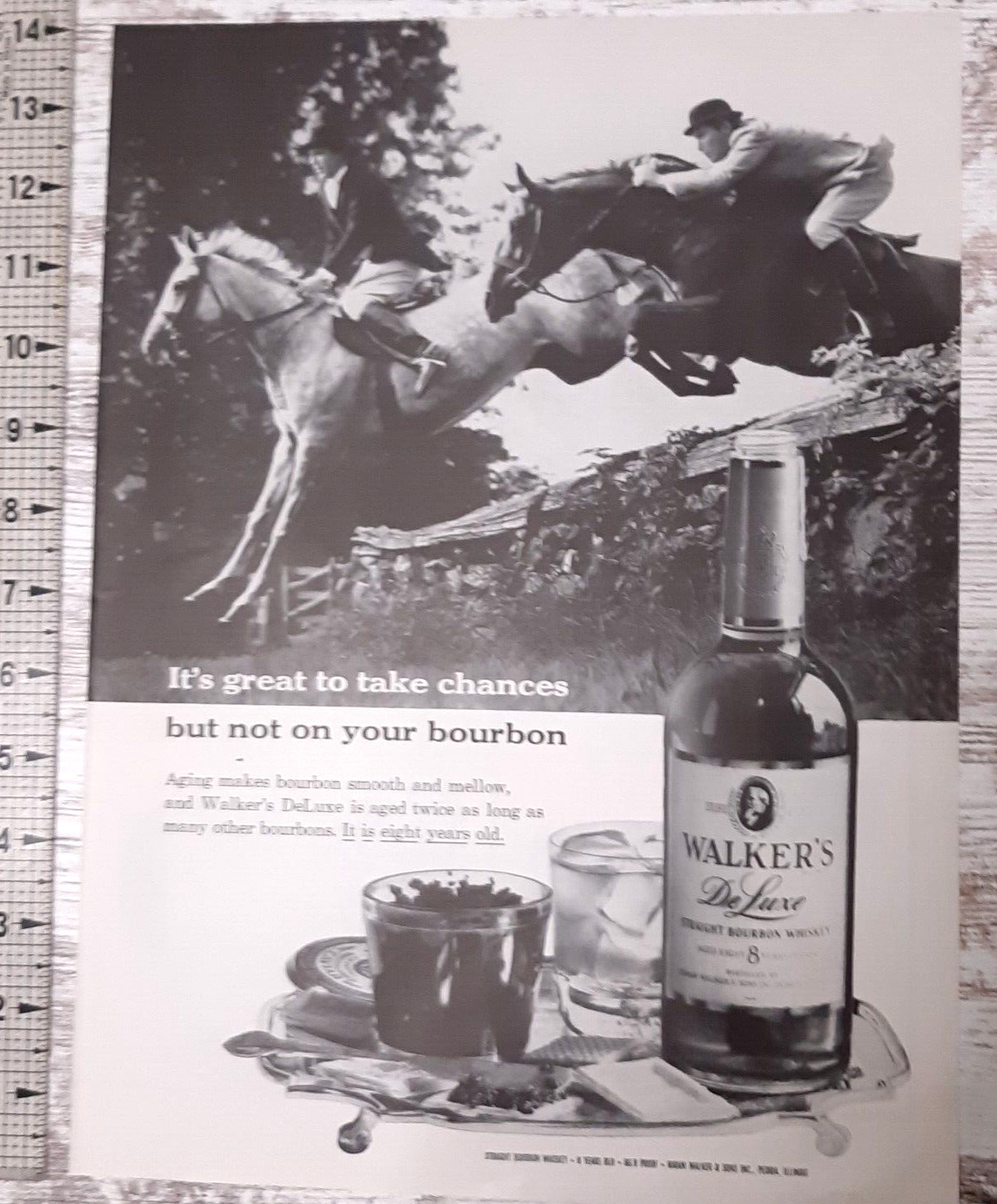 1959 Walker's Deluxe Vintage Print Ad Straight Bourbon Whiskey Horse Jump B&W