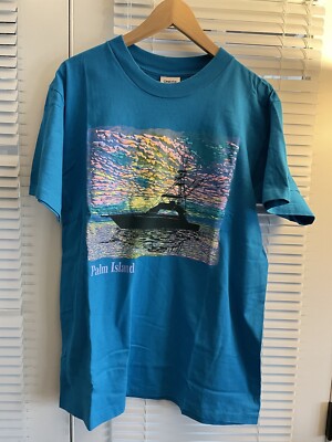 Vintage Palm Island Trees T-Shirt 90s Single Stitch Tee Fishing Boat Teal XL