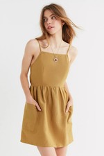 URBAN OUTFITTERS Dark Mustard Green TWILL Strappy Tie Back MINI SUNDRESS Sz XS