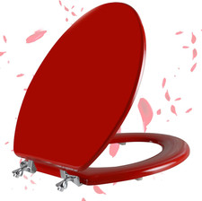 Red Elongated Wooden Toilet Seat with Zinc Hinges, Easy Clean  Install