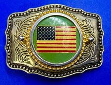 United States of America Flag Stars Stripes Centerpiece on Western Belt Buckle