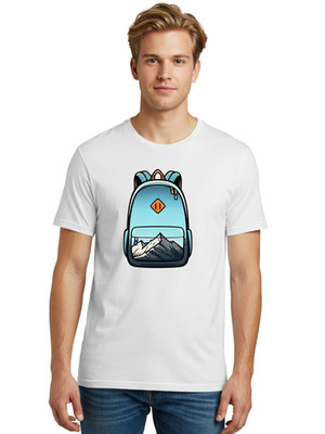 Backpack-With-Mountain-Design Mens Graphic Tee, 100% Cotton, Casual Summer Wear