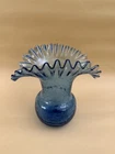 Vintage Blenko #388 Cobalt Blue Crackle Glass Ruffle Vase Mid Century Modern 8"