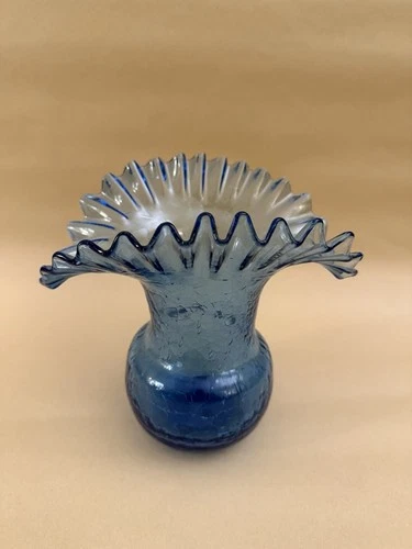 Vintage Blenko #388 Cobalt Blue Crackle Glass Ruffle Vase Mid Century Modern 8"