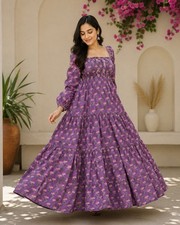 Women Pretty Gown, Floral Print Cotton Dress, Party Wear Long Dress, Summer Maxi
