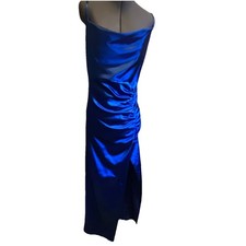 Women's Blue Satin Bodycon Dress Ruched Straps Side Slit Long Sleeveless