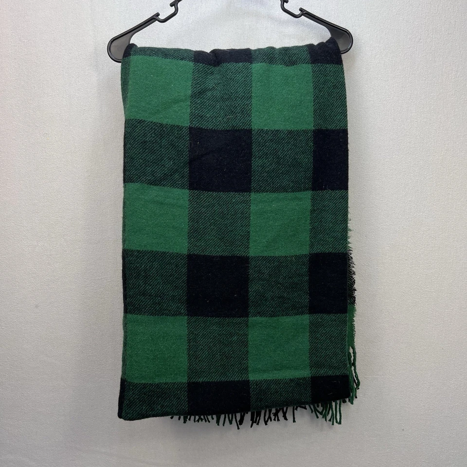 Cobertor de lã verde preto búfalo xadrez reversível queen franjas 5x9 vintage - Imagem 2 de 3