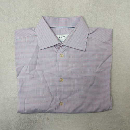 Eton Shirt Mens 16 Blue Red Check Spread Collar Slim Dress Business Contemporary