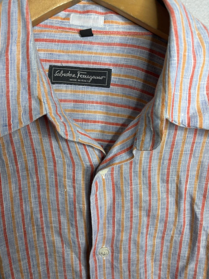 Camisa Salvatore Ferragamo Para Hombre Mediana Multicolor Rayas Lino Abotonada Italia Foto 3 de 4