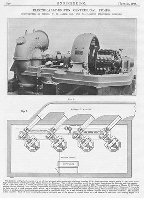 Antiker Technikdruck 1905 - elektrisch angetriebene Kreiselpumpen