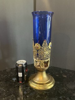Vtg Church Altar Jeweled Filigree Candle Holder Sanctuary Blue Globe Catholic