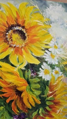 Ölgemälde auf Leinwand, handgemalt bunter Sonnenblumenstrauß 