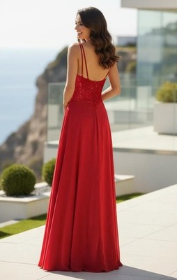 Long Red Chiffon Lace Top Prom Dress Size 6 High Slit Event Formal Gown |  eBay