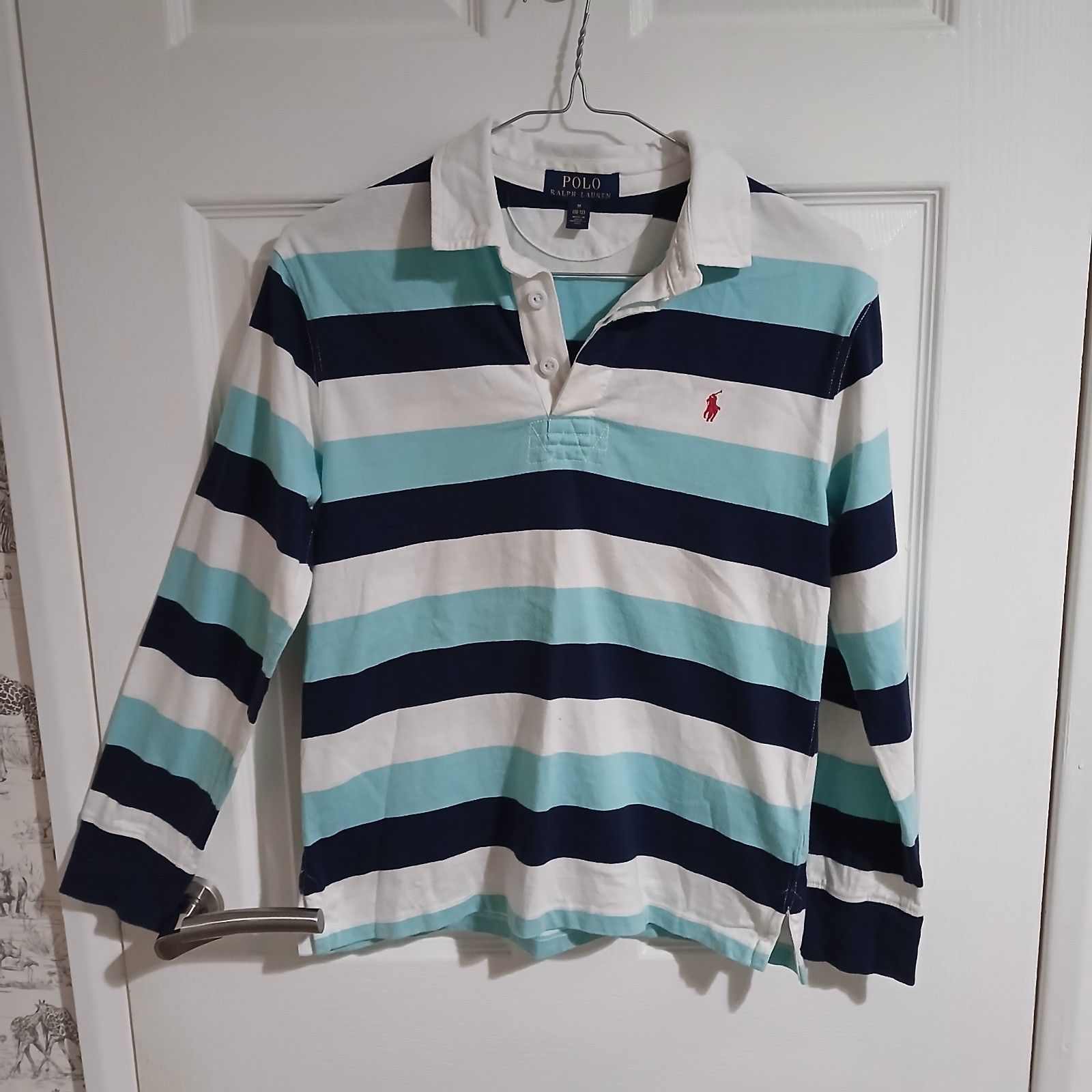 Polo Ralph Lauren Boys Rugby Shirt Medium M (10-12) Striped Blue White Red Pony