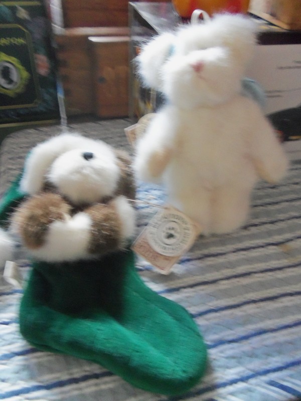 TWO, BOYDS ORNAMENTS-WHITE ANGELBOY BEAR & DOG JANGLE S. STUFFINS-GC-6'' TALL.