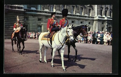 Postcard Queen Elizabeth II of England with her husband Prince Philip at a Mil 