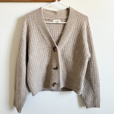 Universal Thread Cozy Grandpa Knit Boxy Button Cardigan Sweater Tan Taupe Small