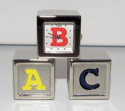 Vintage Miniature Elgin Quartz Children ABC Blocks Clock Silver Tone Metal